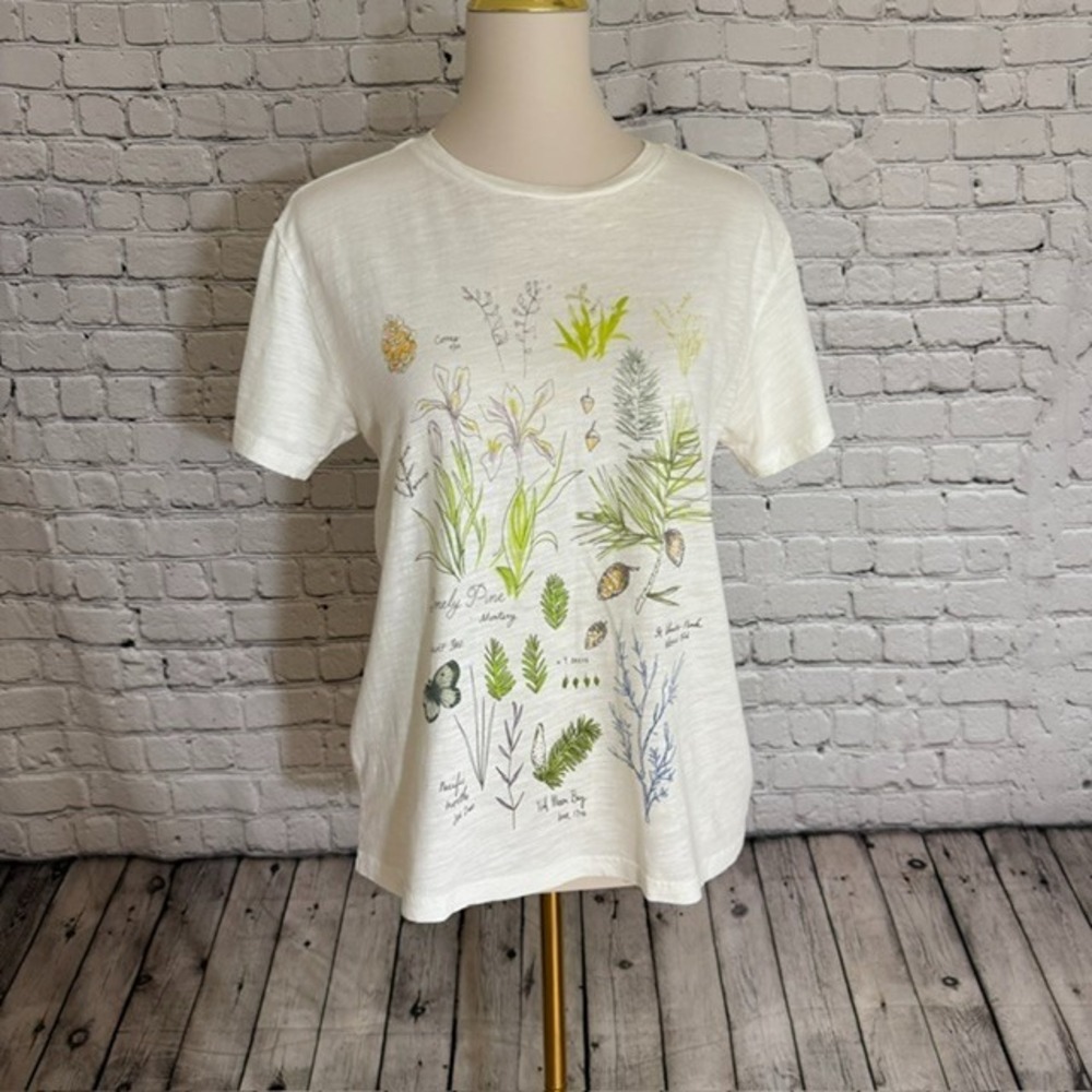 Lucky Brand Forest Forage Botanical Graphic Boyfriend Tee White XS Cotton EUC